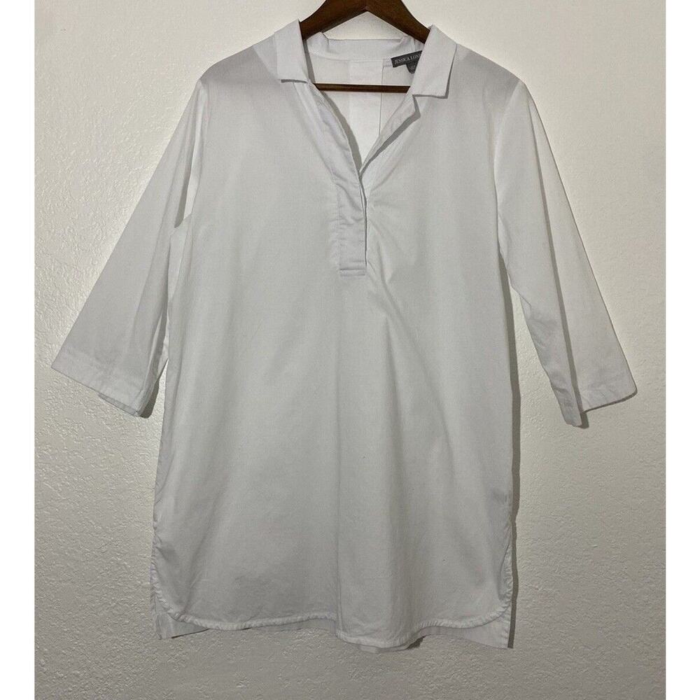 Jessica London Size 14W Women White Button Up Tunic Top Stretch 3/4 Sleeve